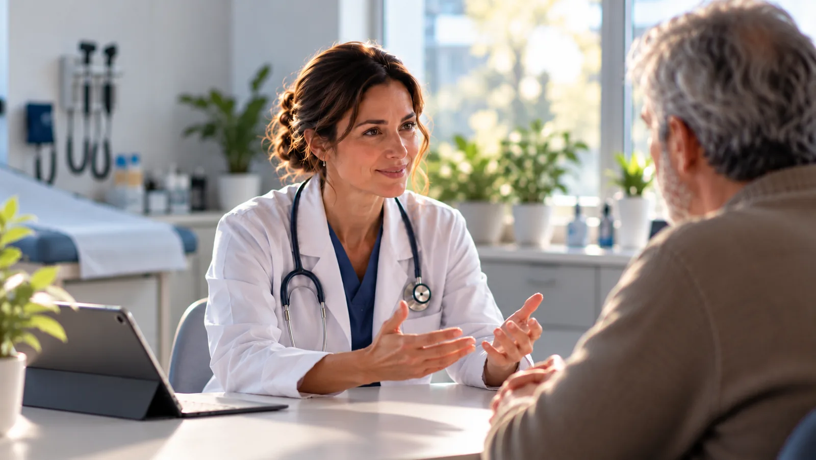 Una médica conversa con un paciente durante la consulta, con una tableta sobre la mesa